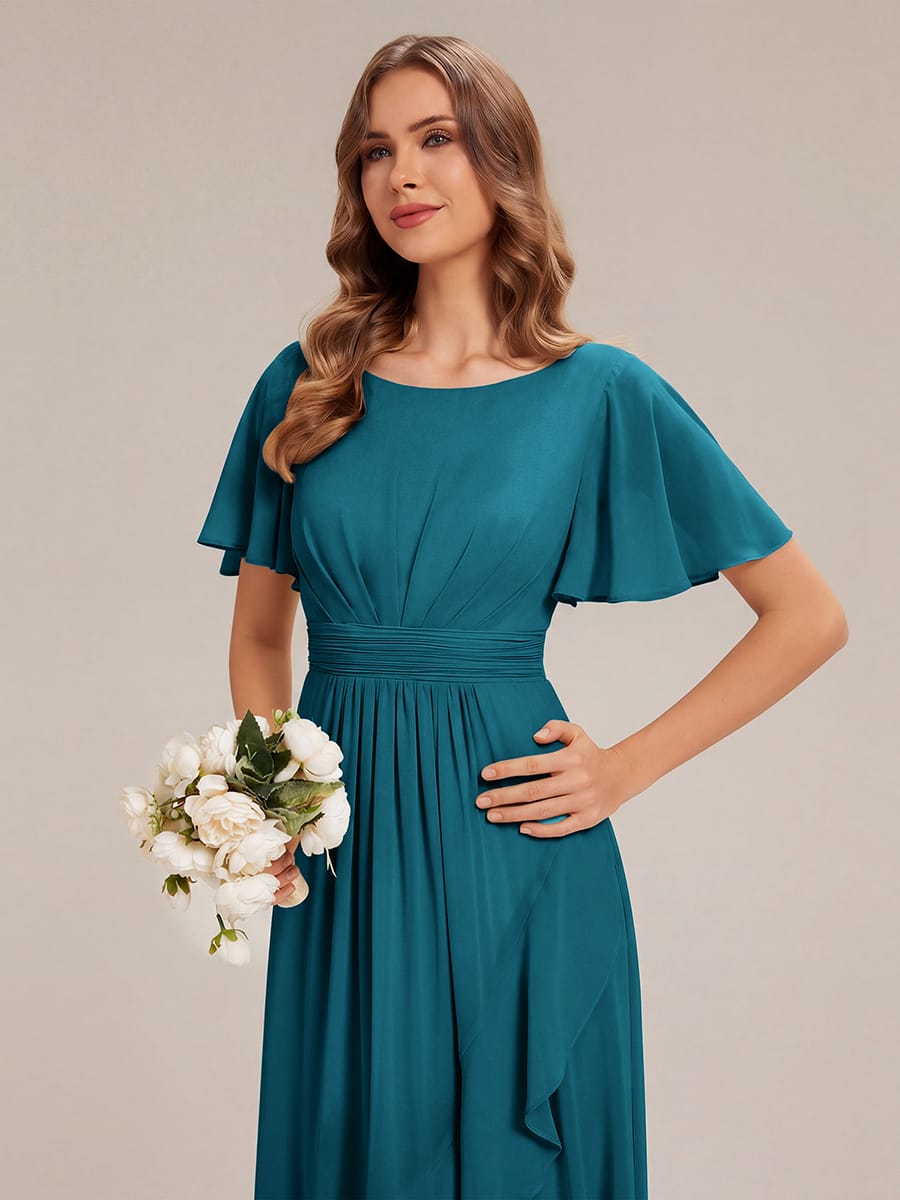 Ruched Chiffon Ruffle Sleeve Dress #color_Teal Blue
