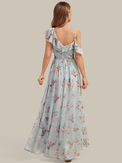 Thigh-High Slit Chiffon Ruffle Sleeve Dress #color_Amber Bloom
