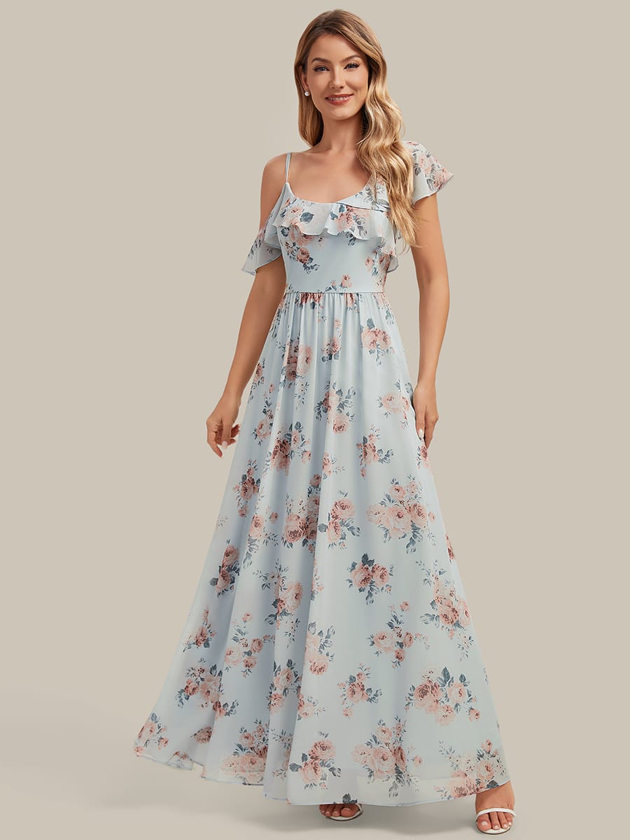 Thigh-High Slit Chiffon Ruffle Sleeve Dress #color_Amber Bloom