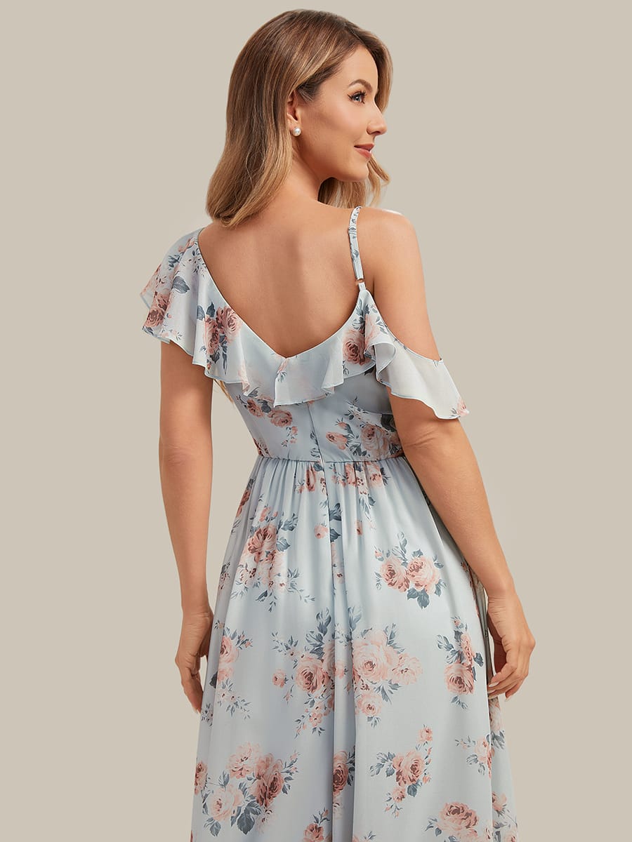Thigh-High Slit Chiffon Ruffle Sleeve Dress #color_Amber Bloom
