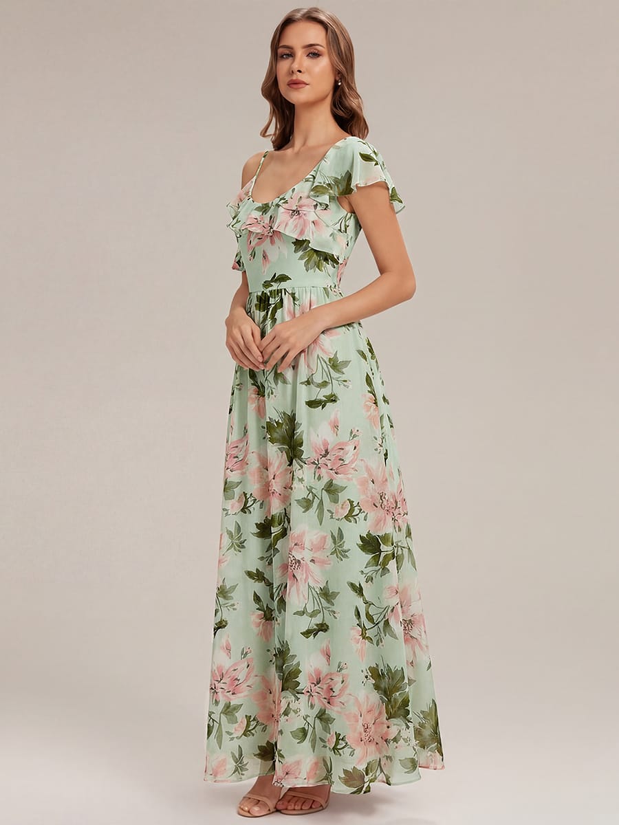 Thigh-High Slit Chiffon Ruffle Sleeve Dress #color_Light Green Floral