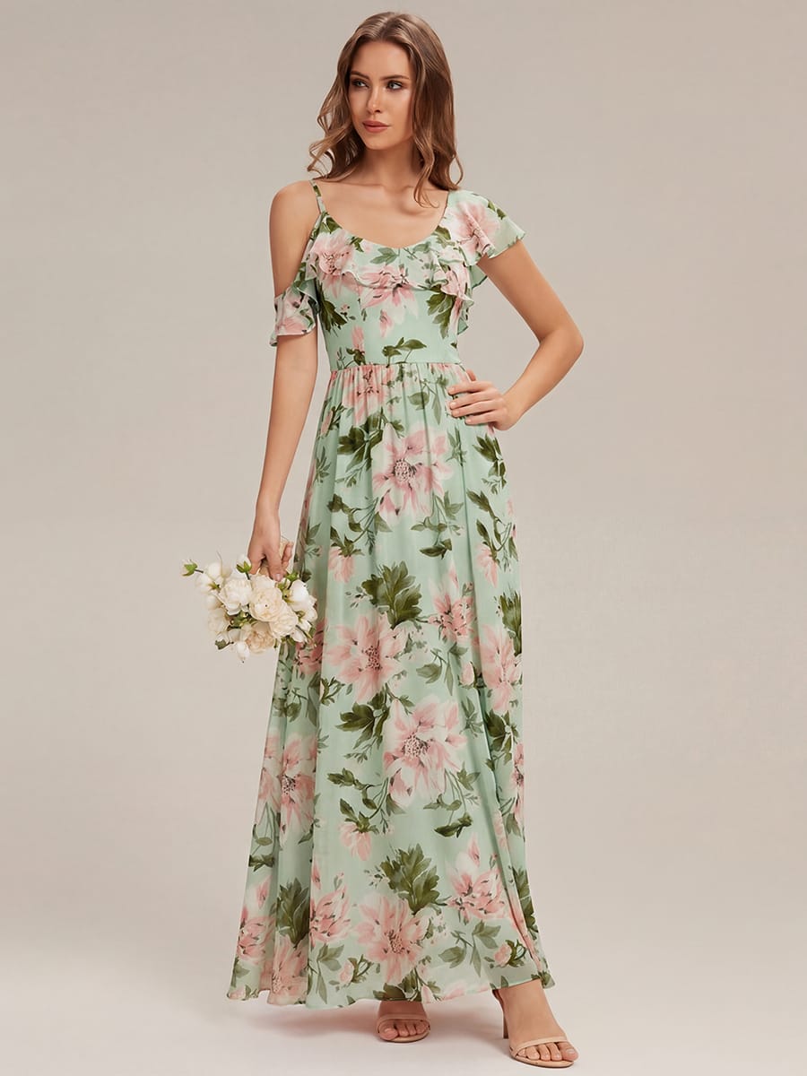 Thigh-High Slit Chiffon Ruffle Sleeve Dress #color_Light Green Floral