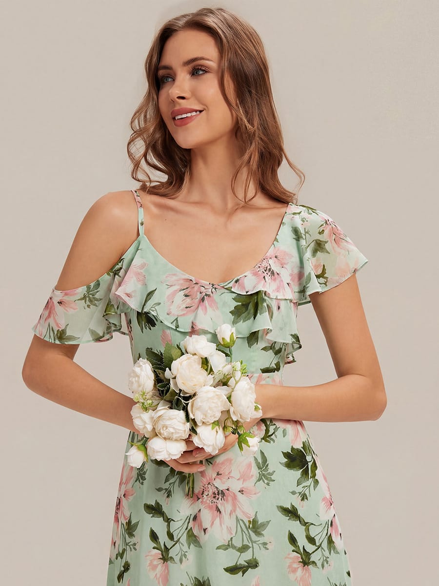 Thigh-High Slit Chiffon Ruffle Sleeve Dress #color_Light Green Floral