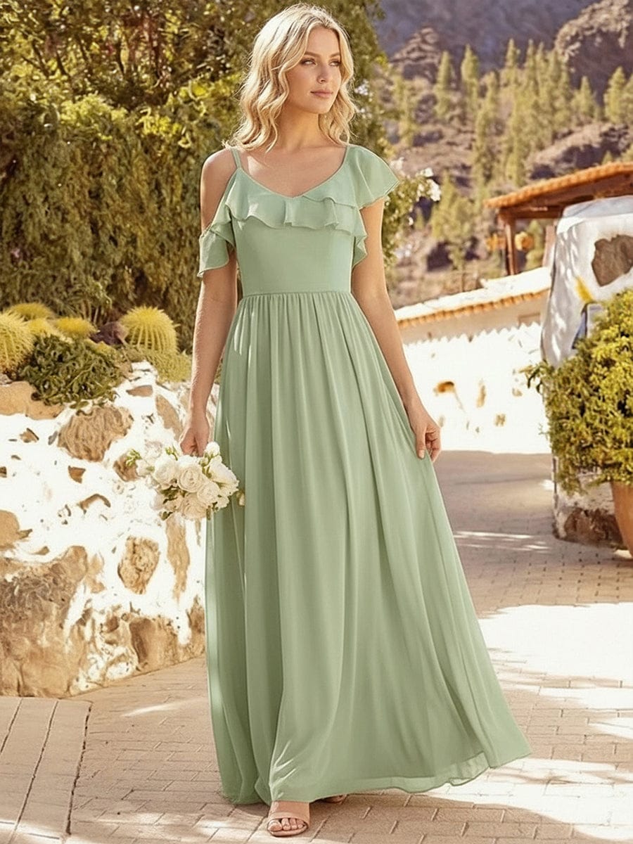 Thigh-High Slit Chiffon Ruffle Sleeve Dress #color_Mint Green
