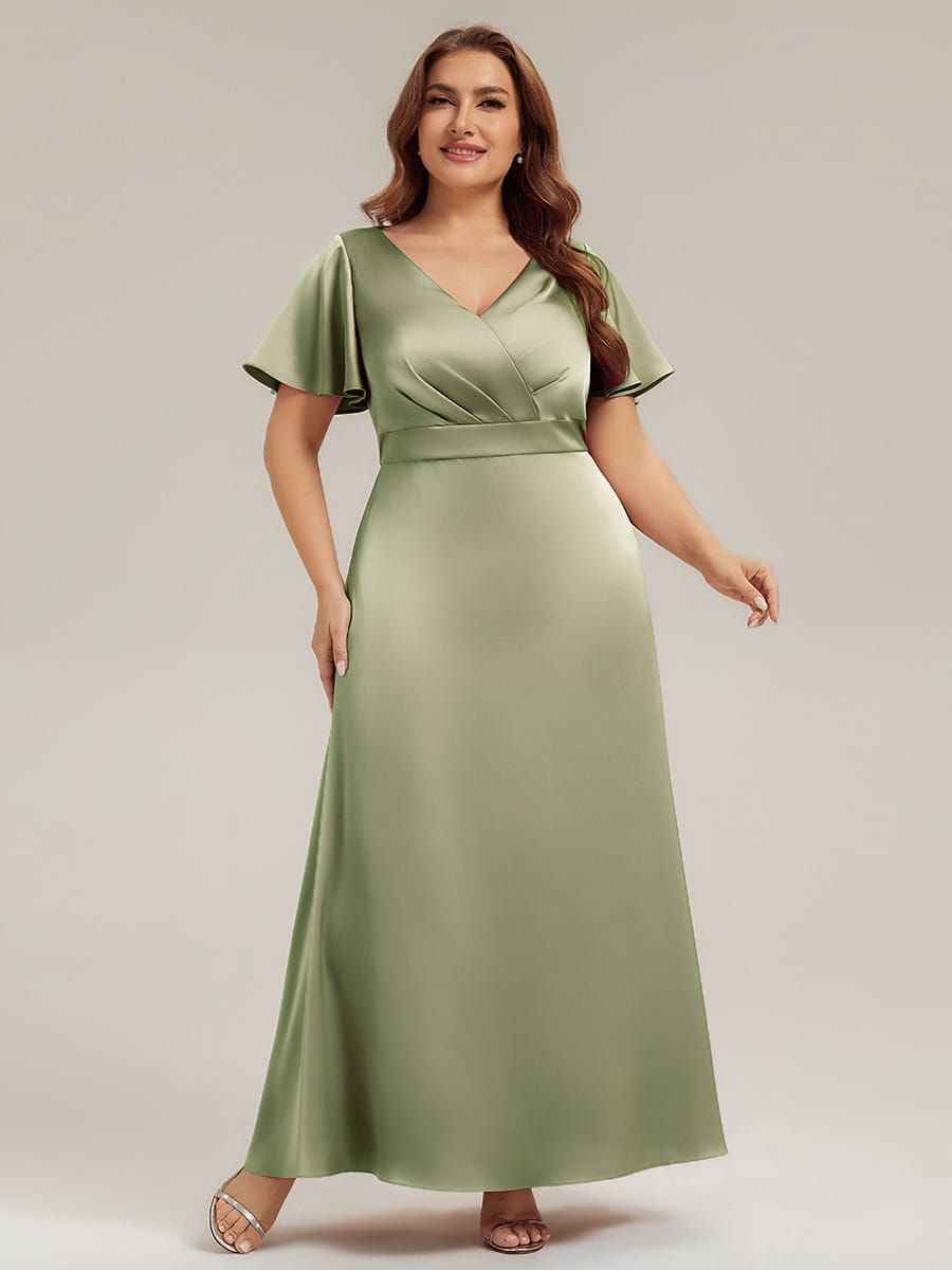 Satin Ruffle Sleeve A-Line Dress #color_Sage Green