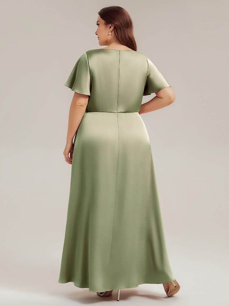 Satin Ruffle Sleeve A-Line Dress #color_Sage Green