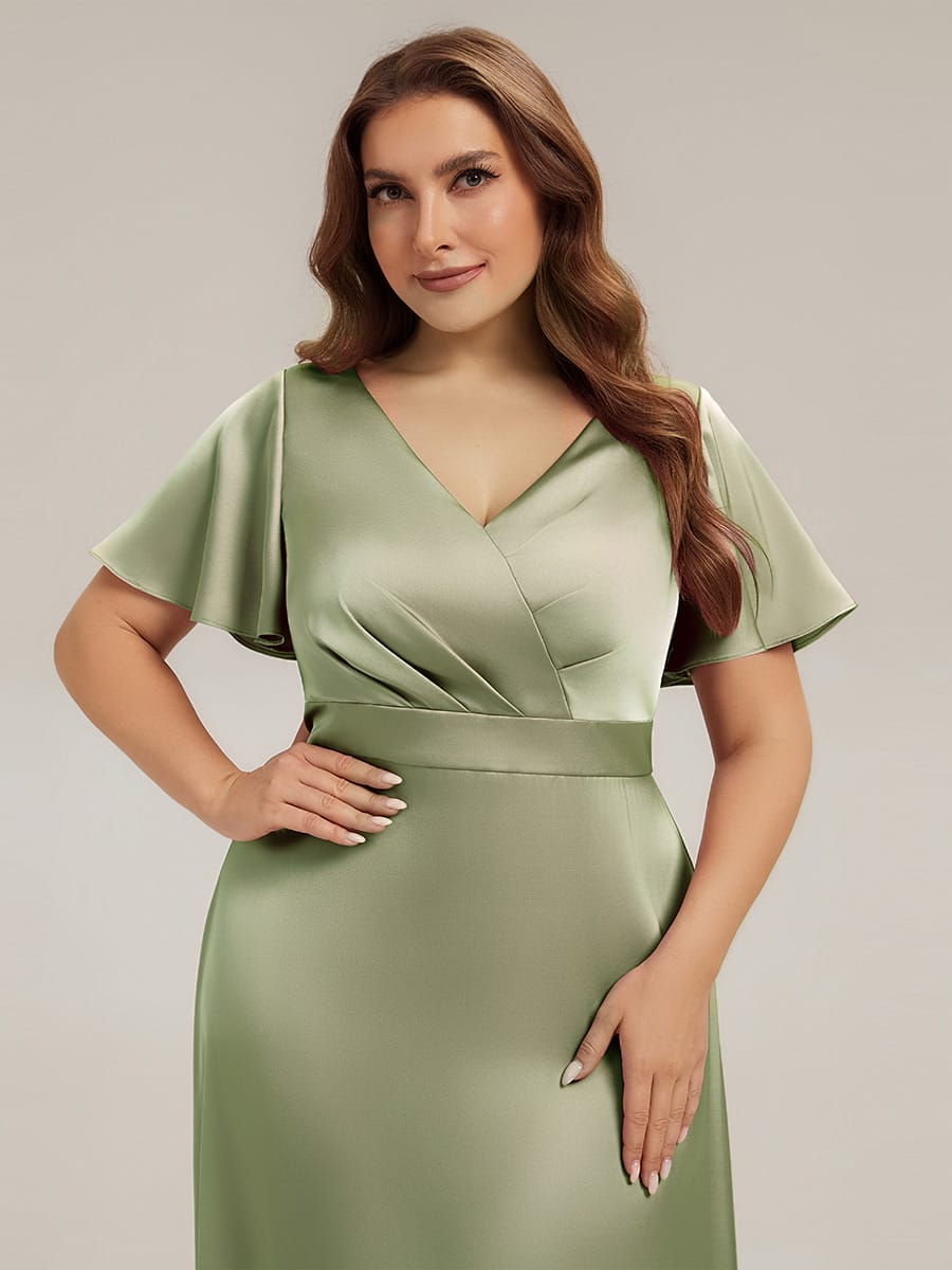Satin Ruffle Sleeve A-Line Dress #color_Sage Green