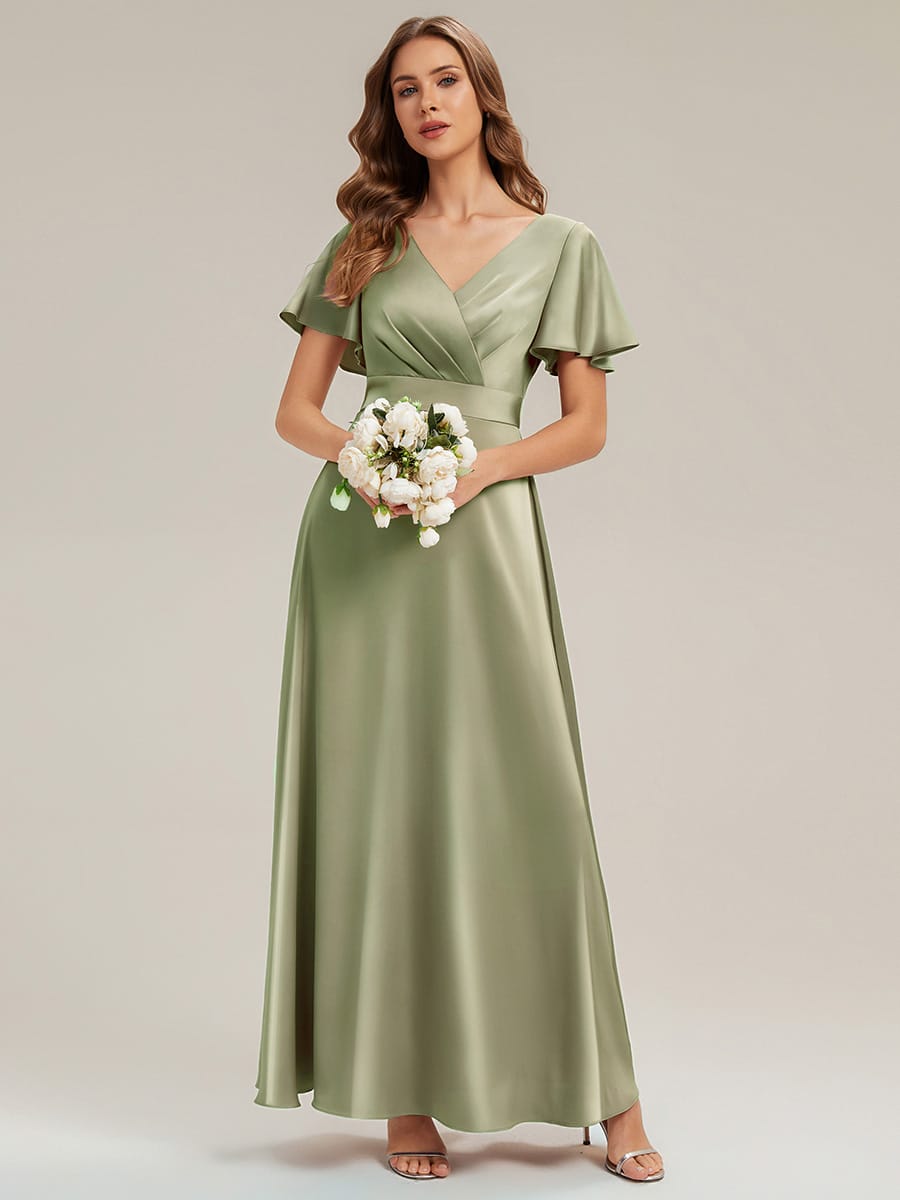 Satin Ruffle Sleeve A-Line Dress #color_Sage Green