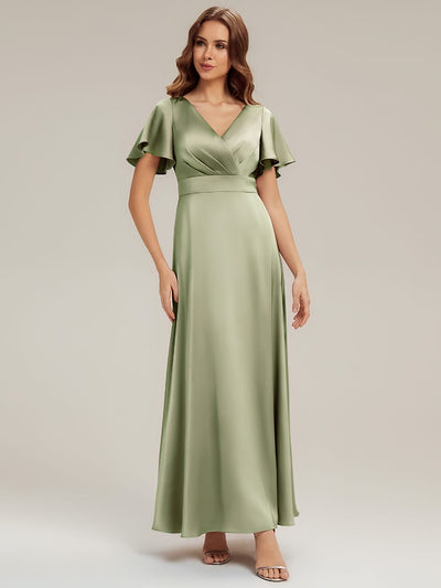 Satin Ruffle Sleeve A-Line Wedding Guest Dress