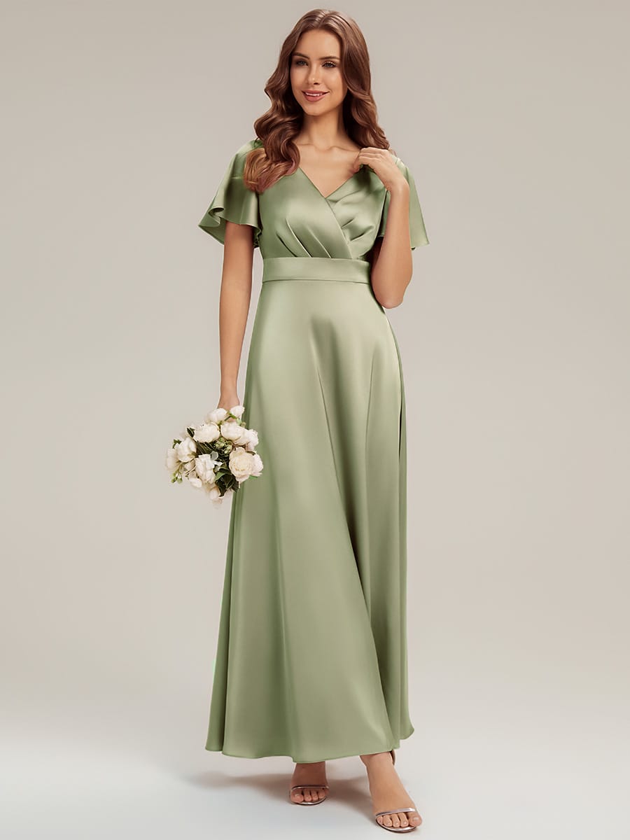 Satin Ruffle Sleeve A-Line Dress #color_Sage Green