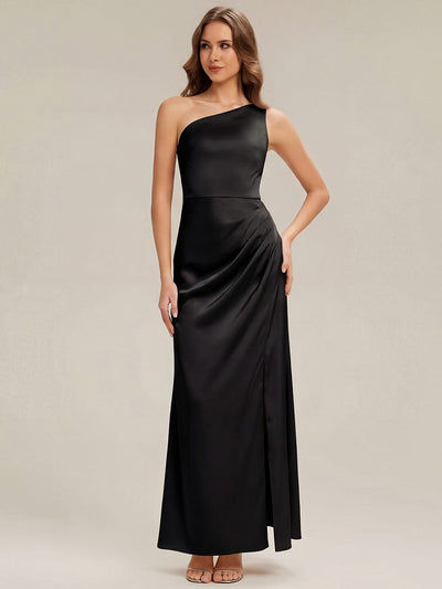 Thigh-High Slit Satin One-Shoulder Dress