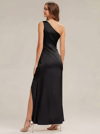 Thigh-High Slit Satin One-Shoulder Dress