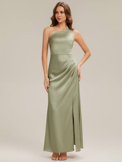 Thigh-High Slit Satin One-Shoulder Dress