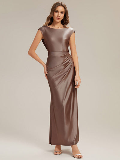 Satin Cap Sleeve A-Line Dress #color_Brown