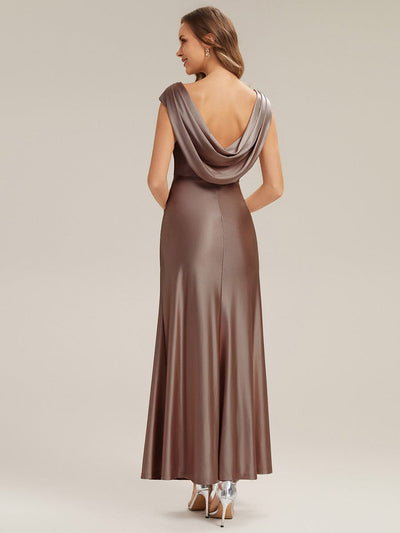Satin Cap Sleeve A-Line Dress #color_Brown