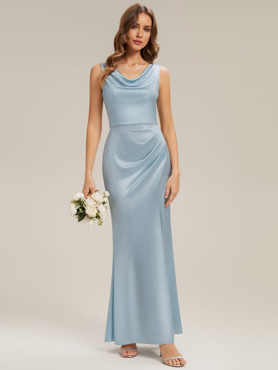 Cowl Neck Satin Drape and Slit Dress