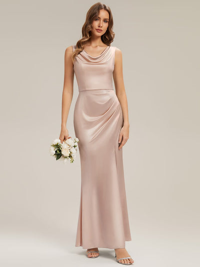 Cowl Neck Satin Drape and Slit Dress