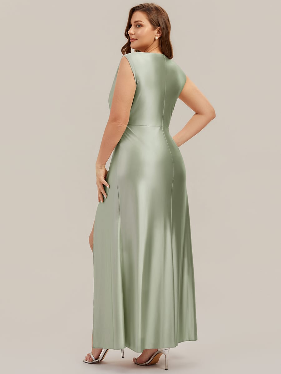 Thigh-High Slit Satin Sleeveless Dress #color_Sage Green