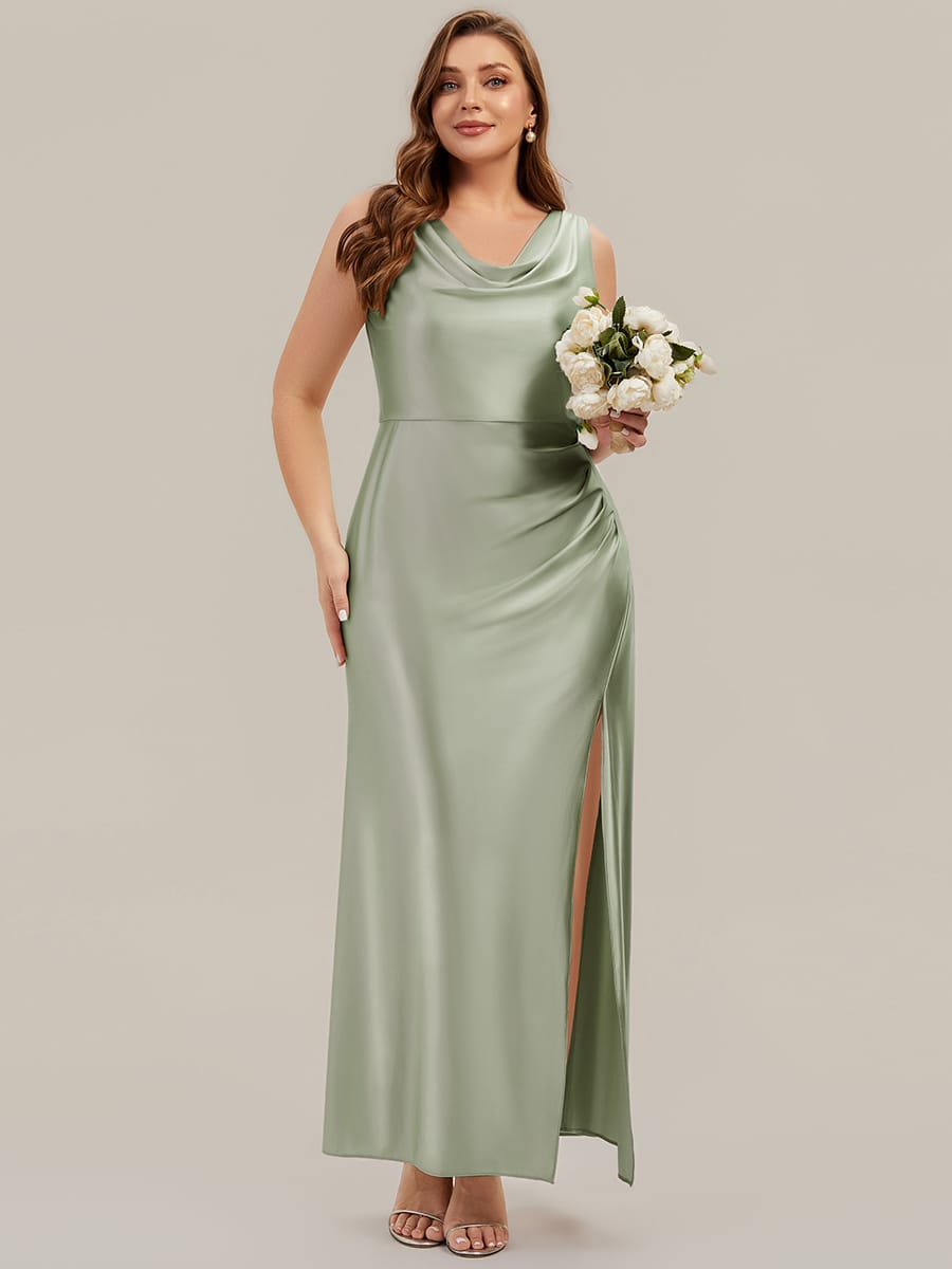 Thigh-High Slit Satin Sleeveless Dress #color_Sage Green