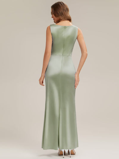 Thigh-High Slit Satin Sleeveless Dress #color_Sage Green