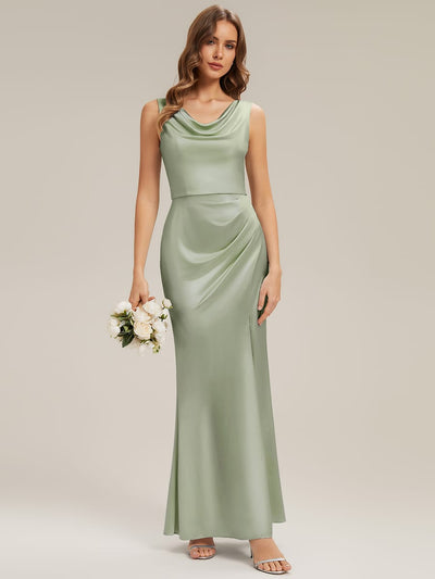 Cowl Neck Satin Drape and Slit Dress