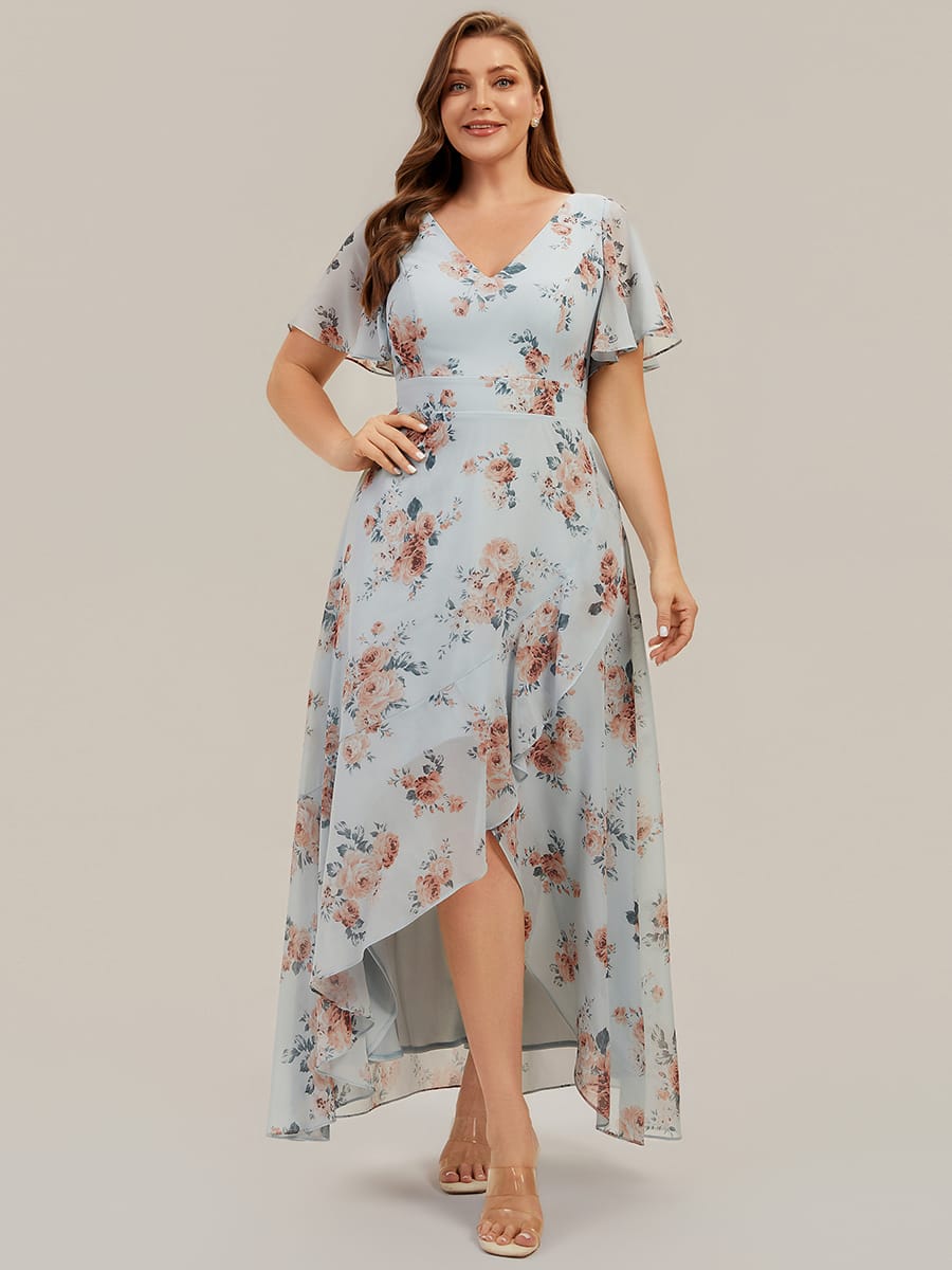 Ruched Chiffon Ruffle Sleeve Dress #color_Amber Bloom
