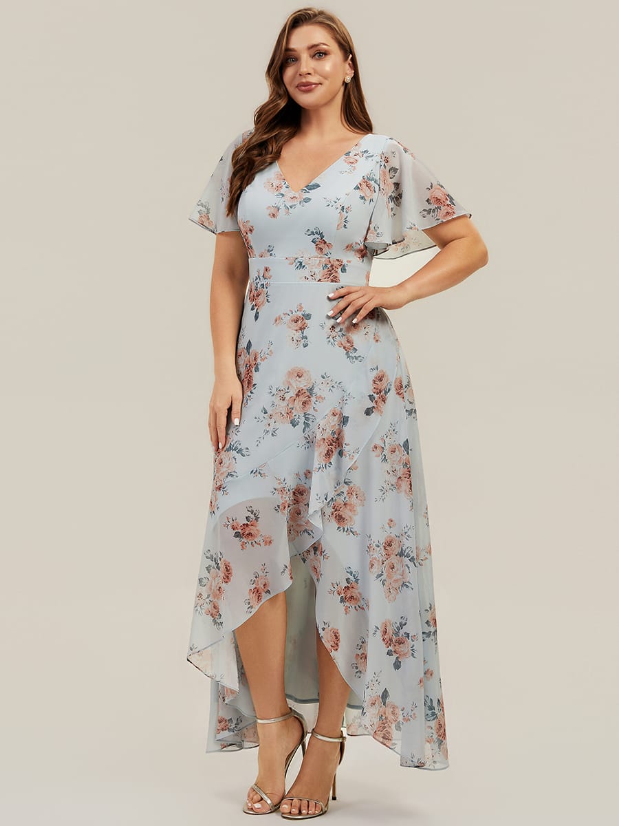 Ruched Chiffon Ruffle Sleeve Dress #color_Amber Bloom