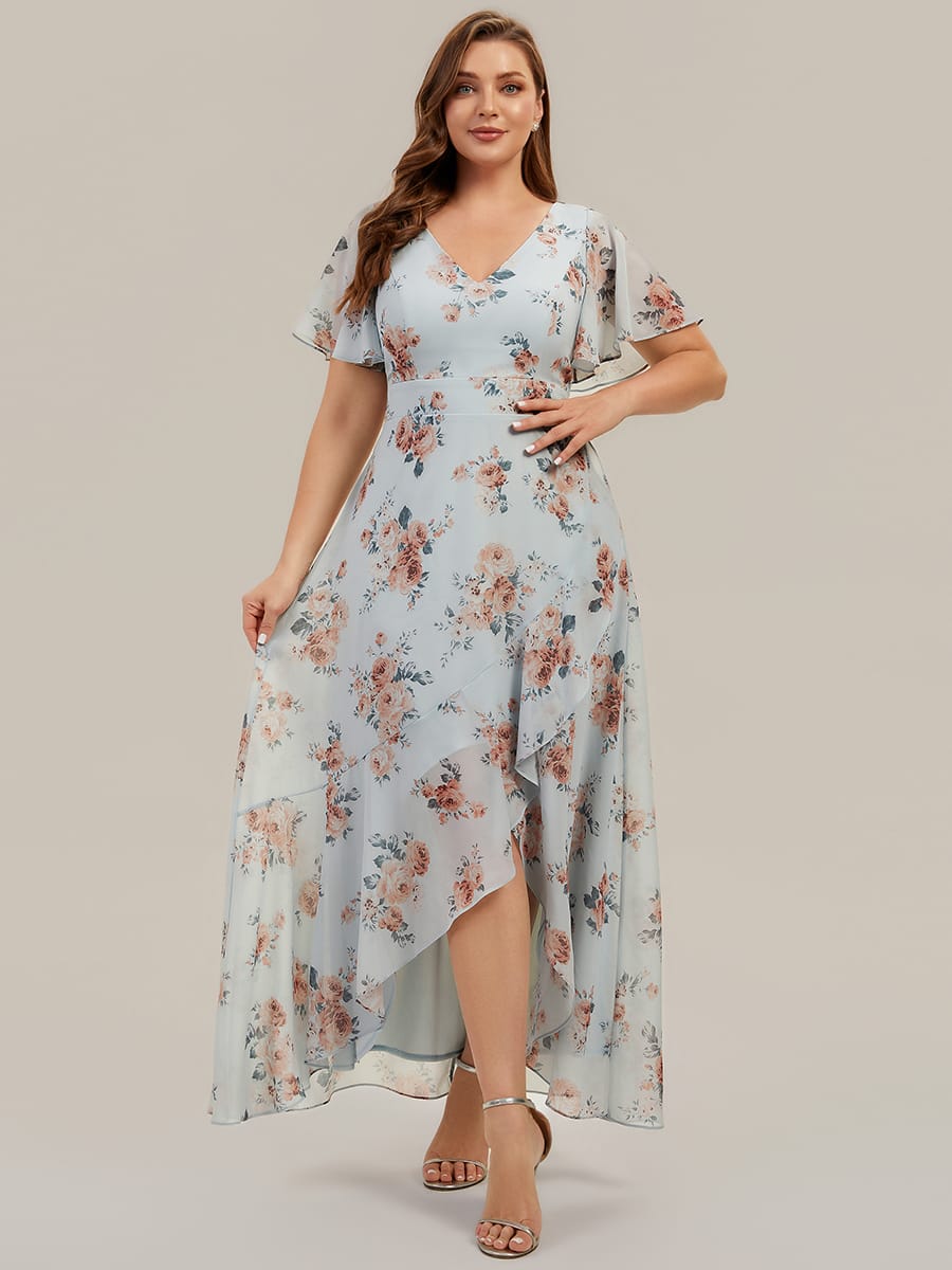 Ruched Chiffon Ruffle Sleeve Dress #color_Amber Bloom