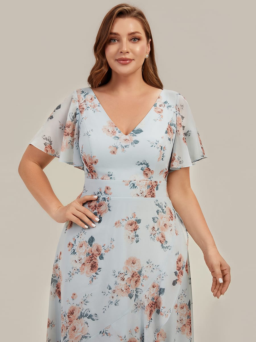 Ruched Chiffon Ruffle Sleeve Dress #color_Amber Bloom