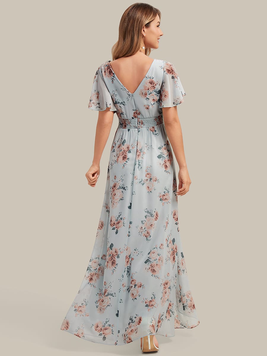 Ruched Chiffon Ruffle Sleeve Dress #color_Amber Bloom