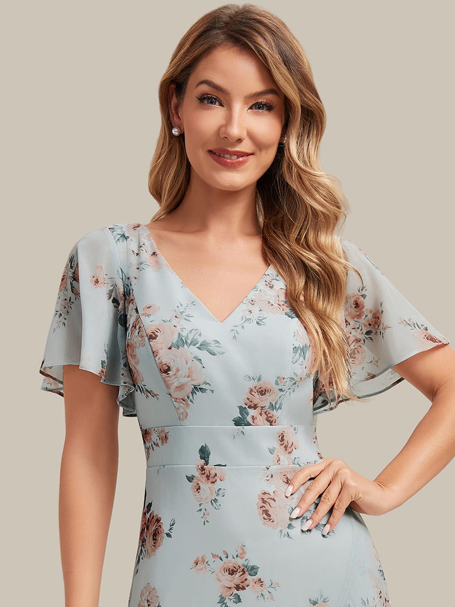 Ruched Chiffon Ruffle Sleeve Dress #color_Amber Bloom