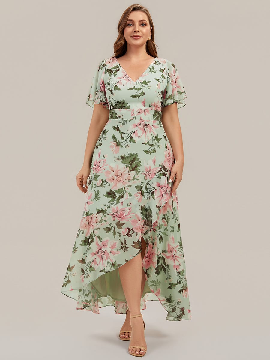 Ruched Chiffon Ruffle Sleeve Dress #color_Light Green Floral