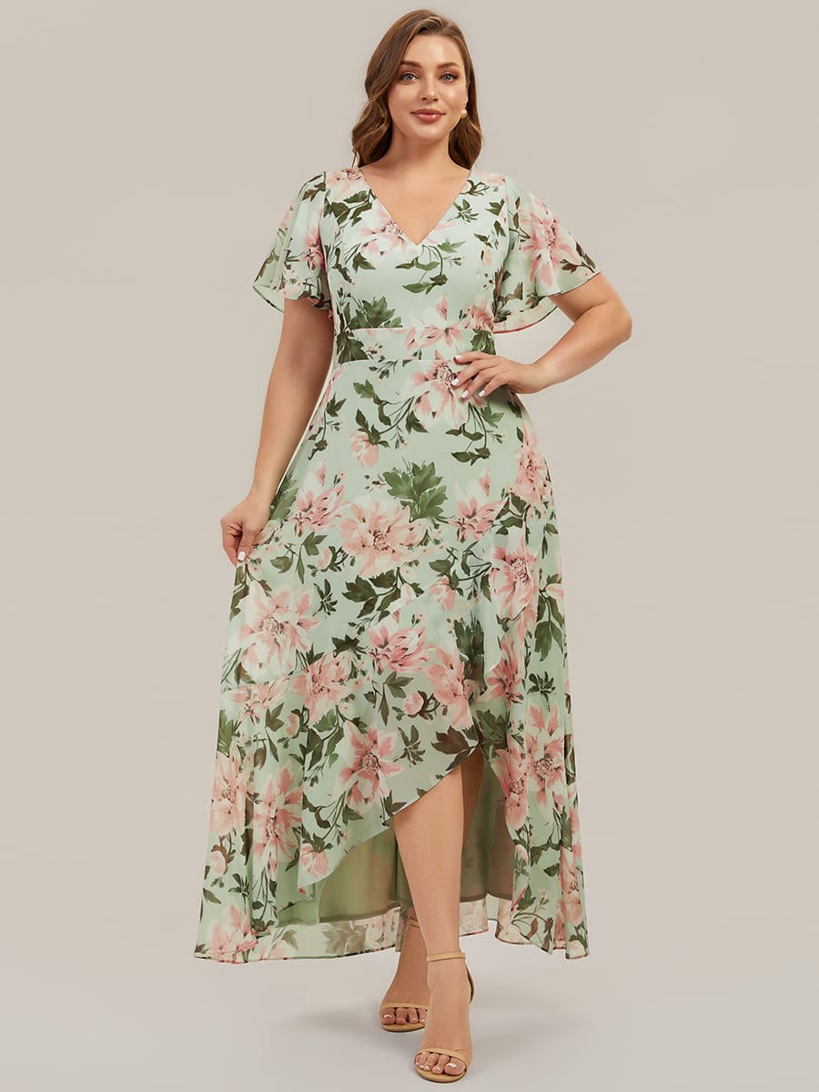 Ruched Chiffon Ruffle Sleeve Dress #color_Light Green Floral