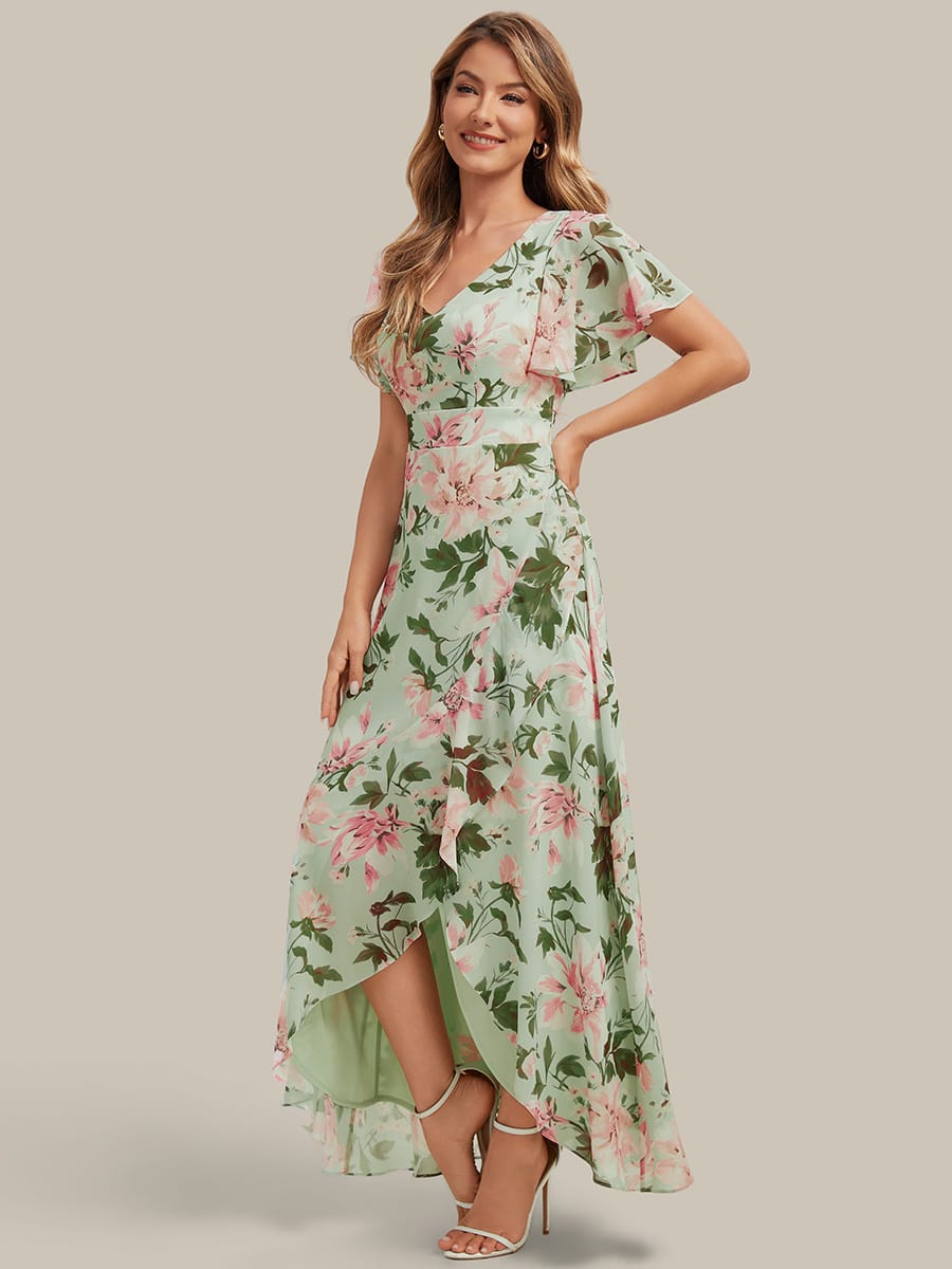 Ruched Chiffon Ruffle Sleeve Dress #color_Light Green Floral