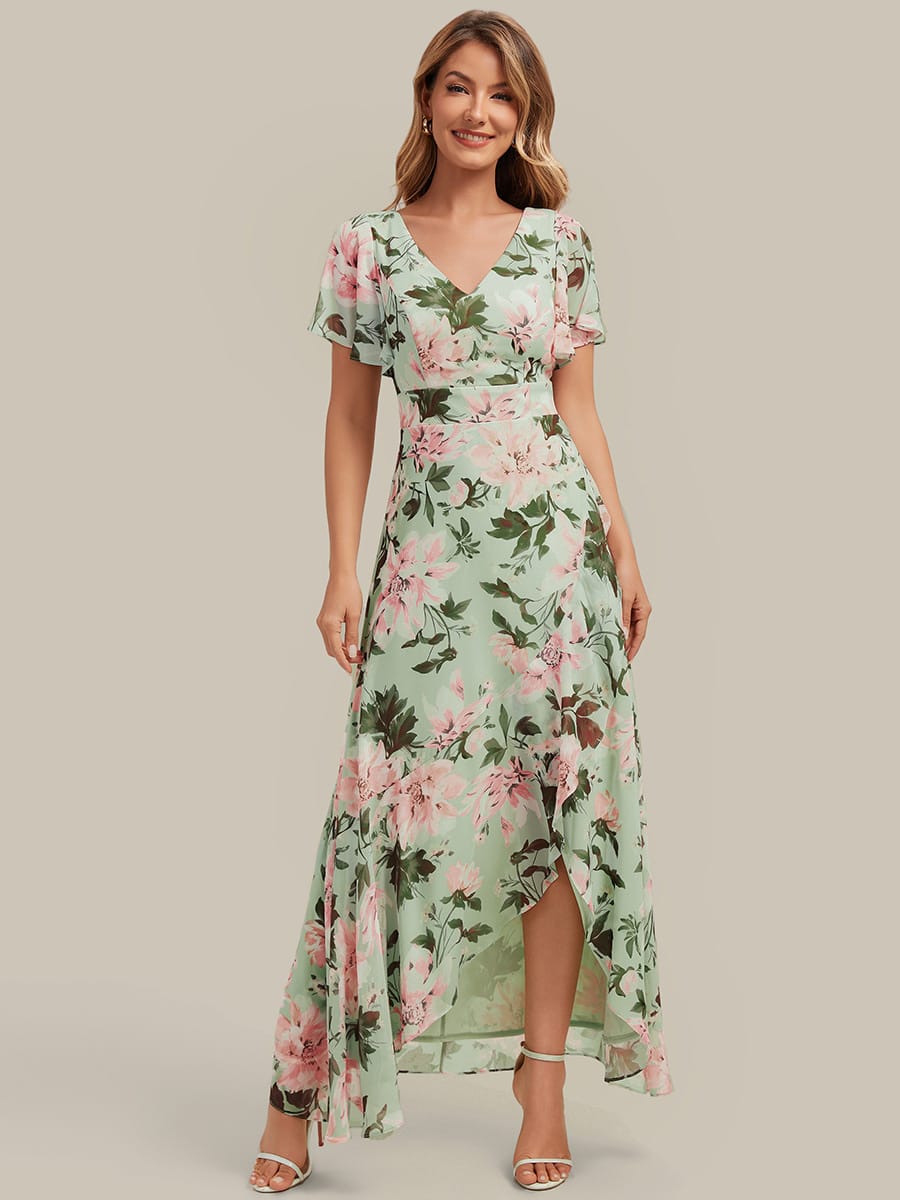 Ruched Chiffon Ruffle Sleeve Dress #color_Light Green Floral
