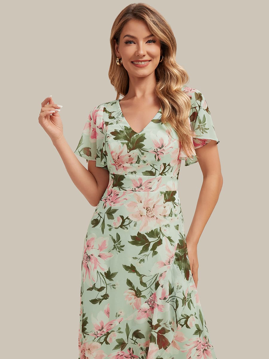 Ruched Chiffon Ruffle Sleeve Dress #color_Light Green Floral
