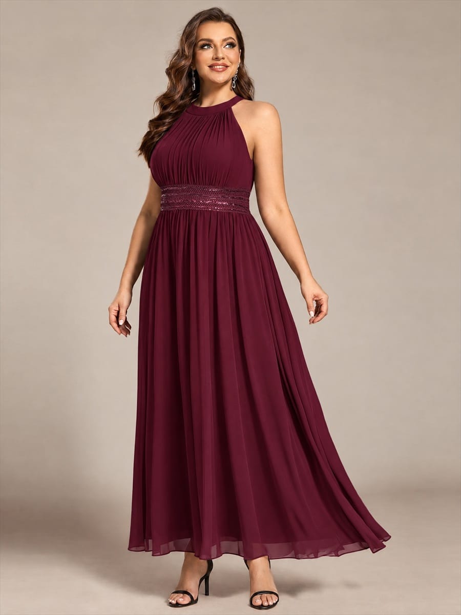 Chiffon Sleeveless A-line Dress #color_Burgundy
