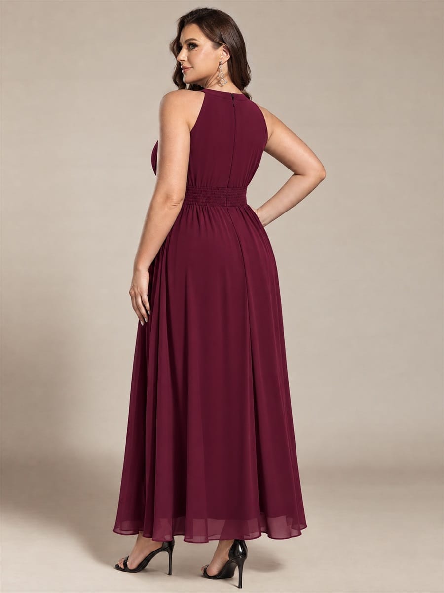 Chiffon Sleeveless A-line Dress #color_Burgundy