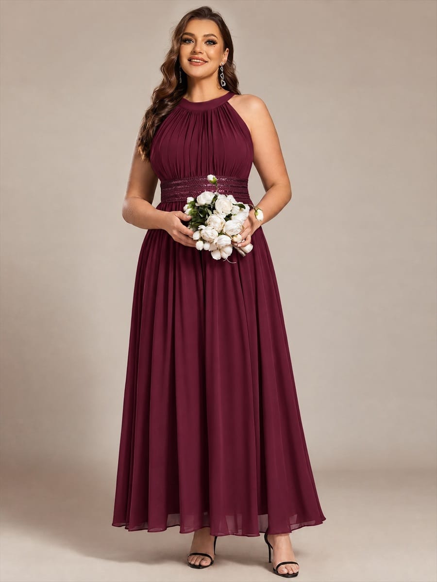 Chiffon Sleeveless A-line Dress #color_Burgundy
