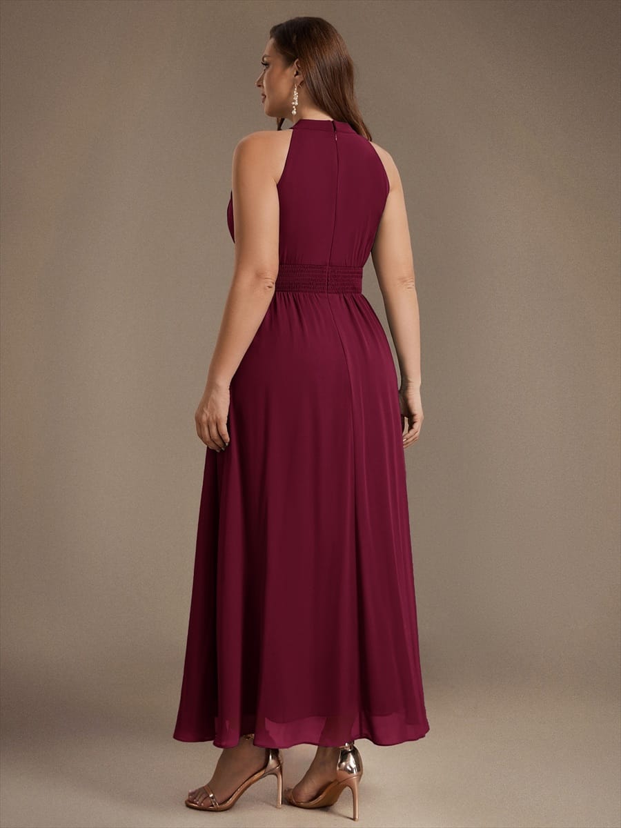 Chiffon Sleeveless A-line Dress #color_Burgundy