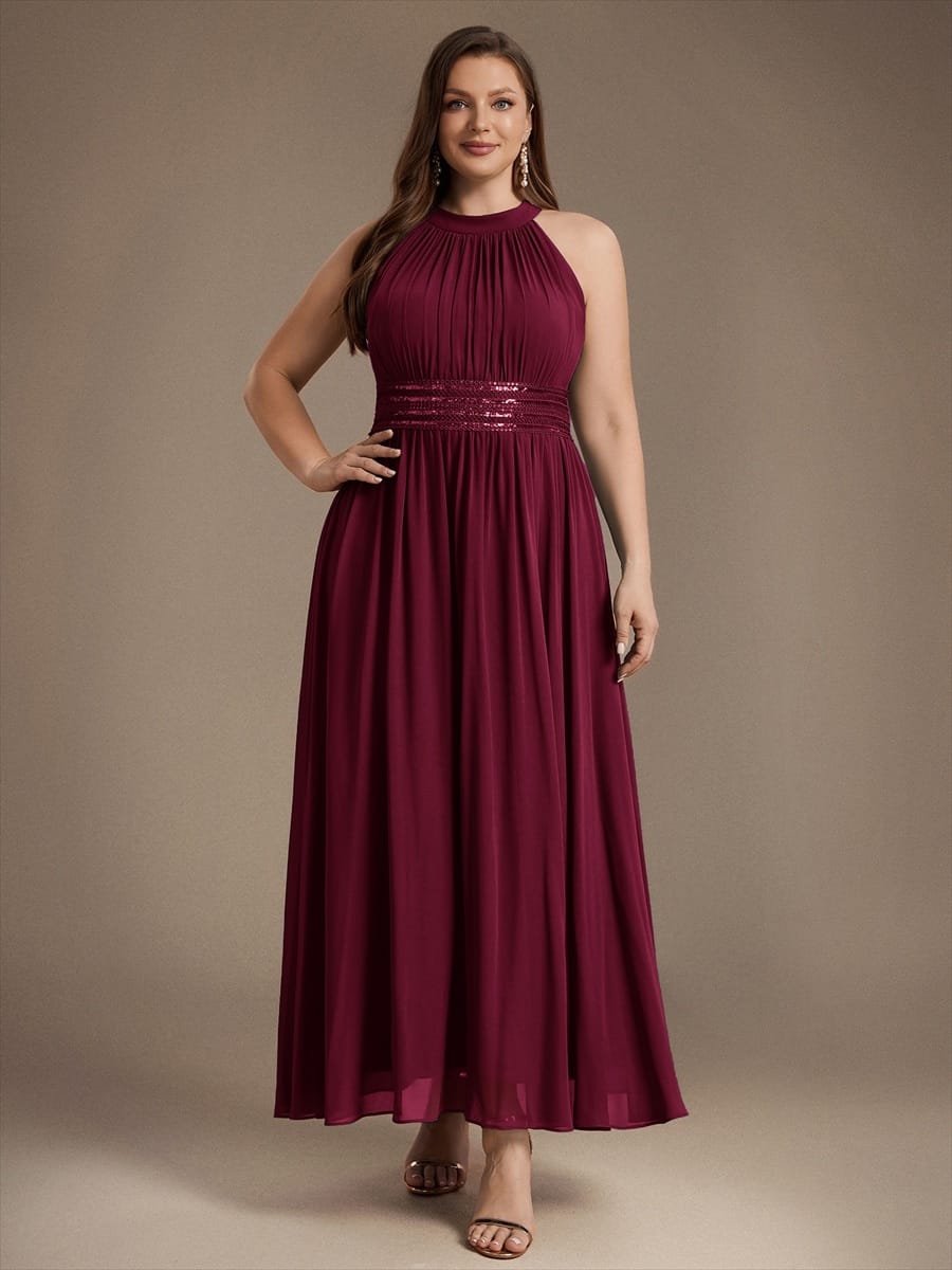 Chiffon Sleeveless A-line Dress #color_Burgundy
