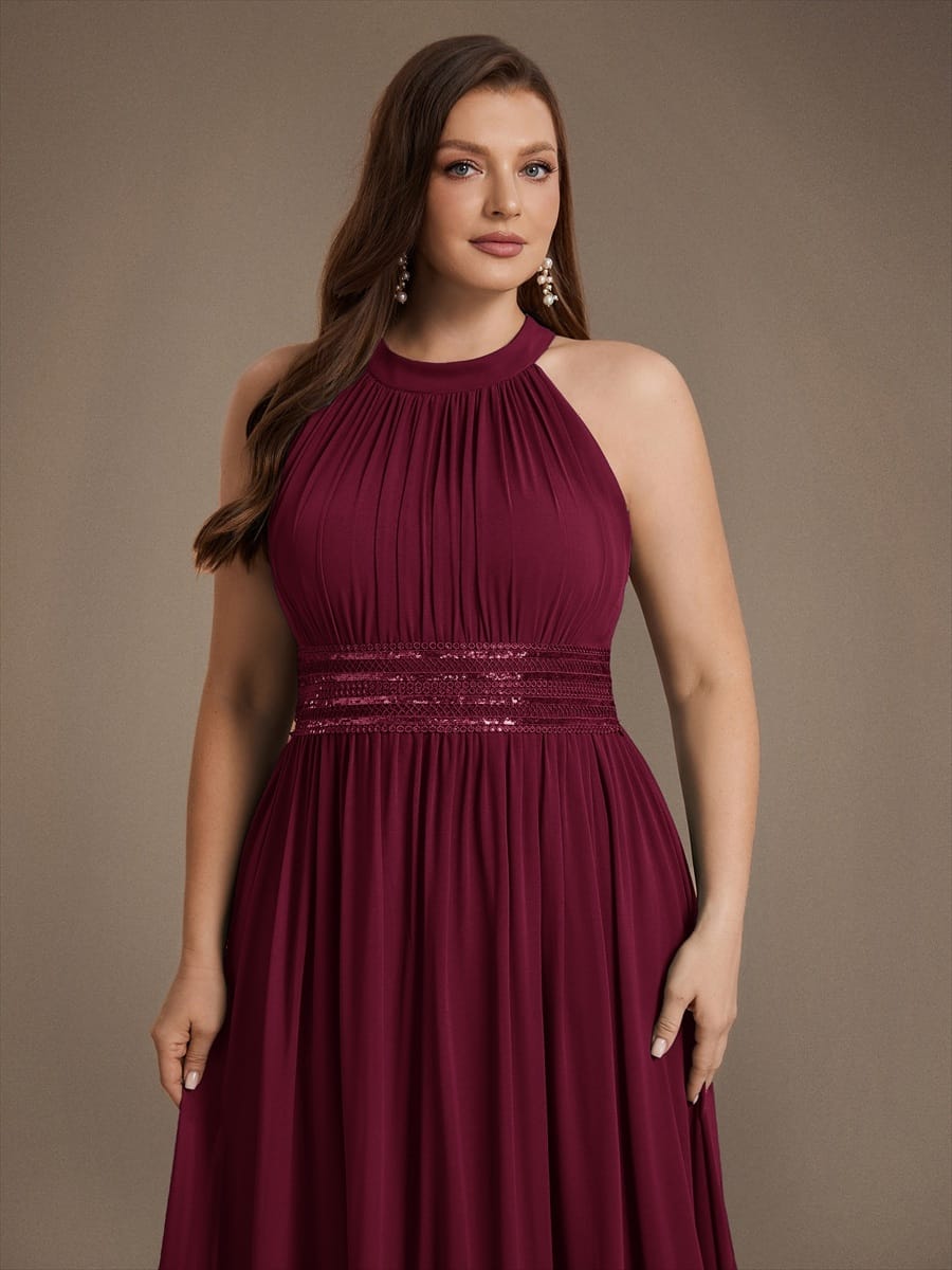 Chiffon Sleeveless A-line Dress #color_Burgundy