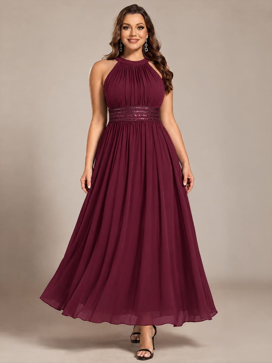 Chiffon Sleeveless A-line Dress #color_Burgundy