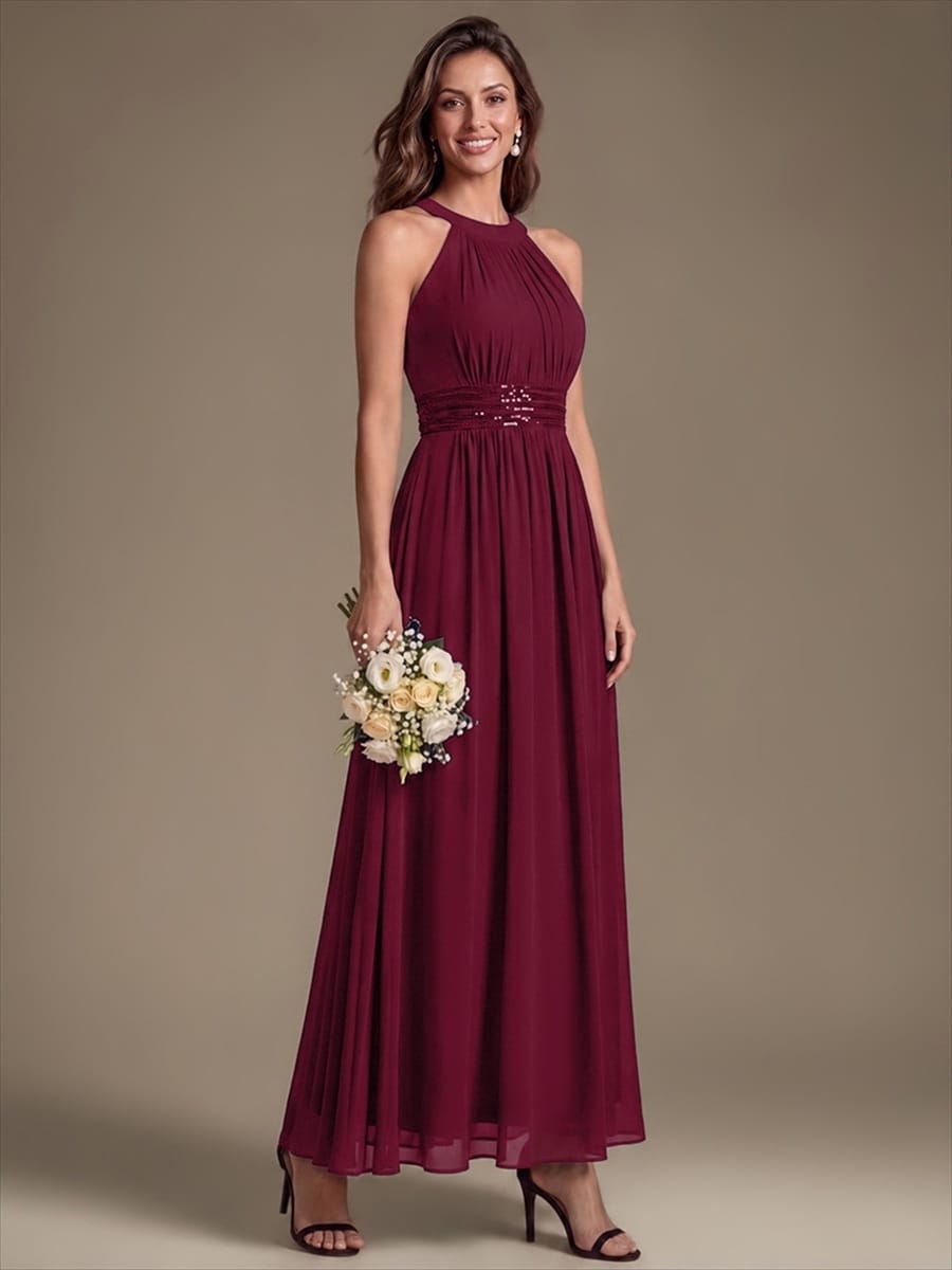 Chiffon Sleeveless A-line Dress #color_Burgundy