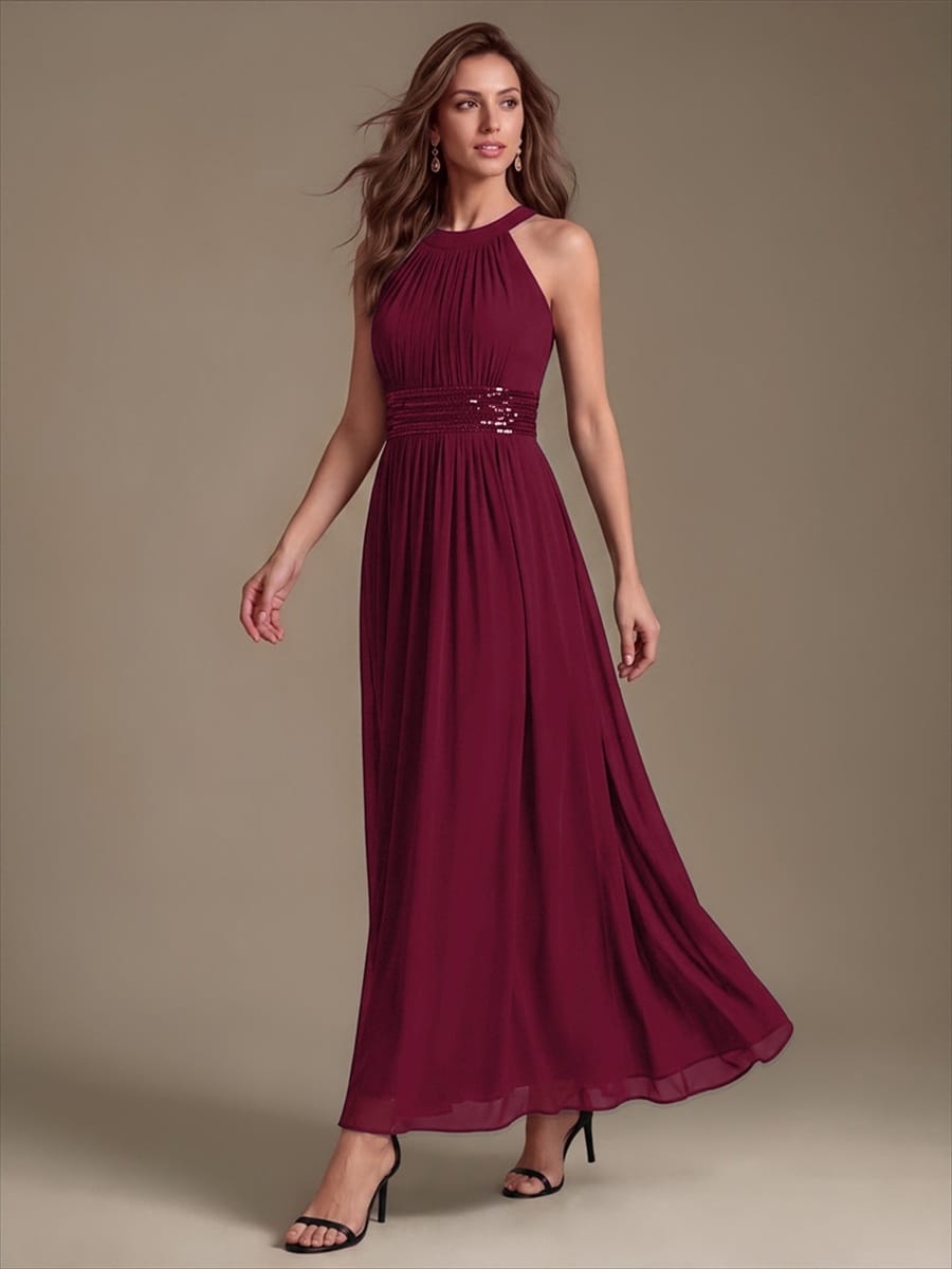 Chiffon Sleeveless A-line Dress #color_Burgundy