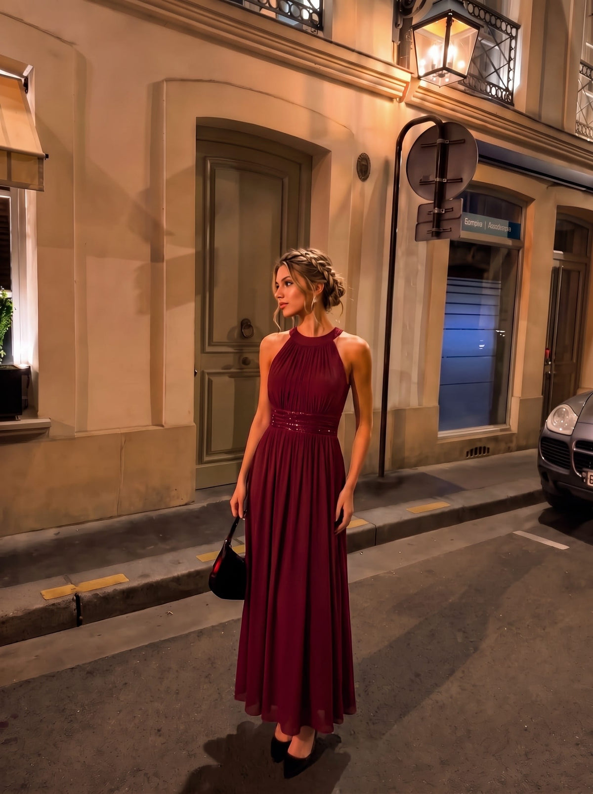 Chiffon Sleeveless A-line Dress #color_Burgundy