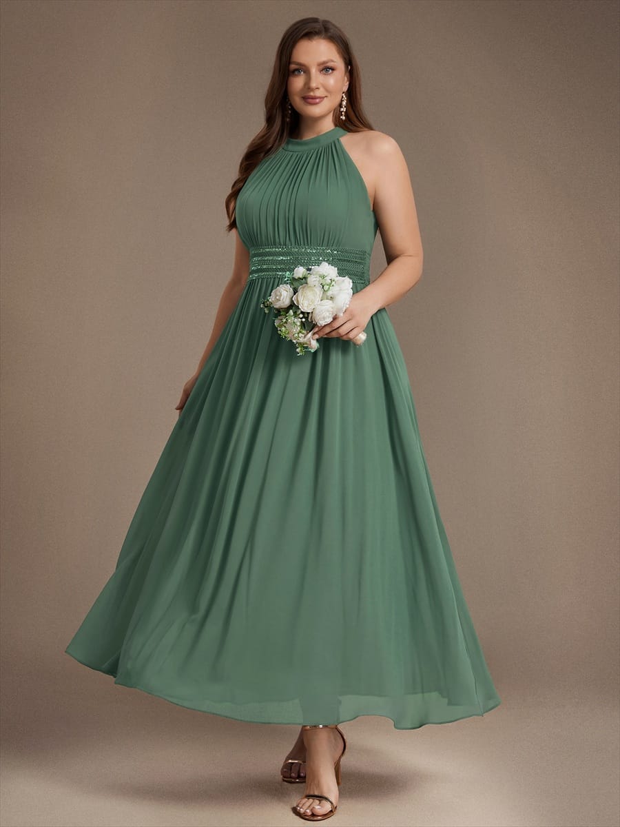 Chiffon Sleeveless A-line Dress #color_Eucalyptus Green