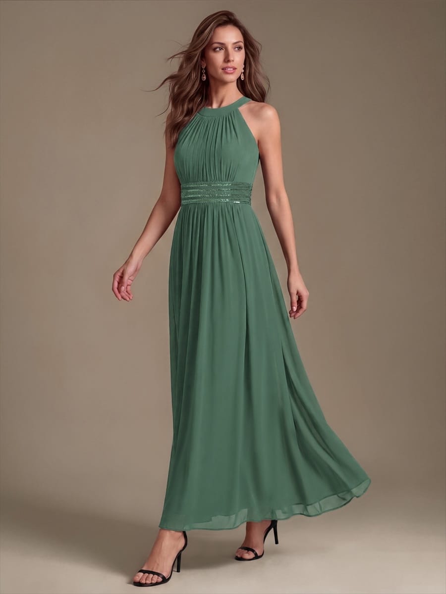 Chiffon Sleeveless A-line Dress #color_Eucalyptus Green