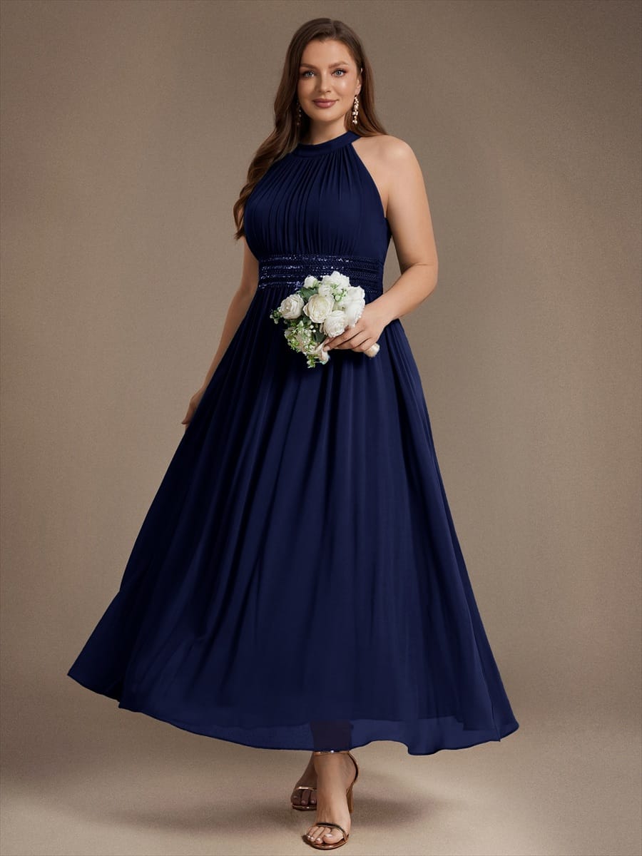 Chiffon Sleeveless A-line Dress #color_Navy Blue