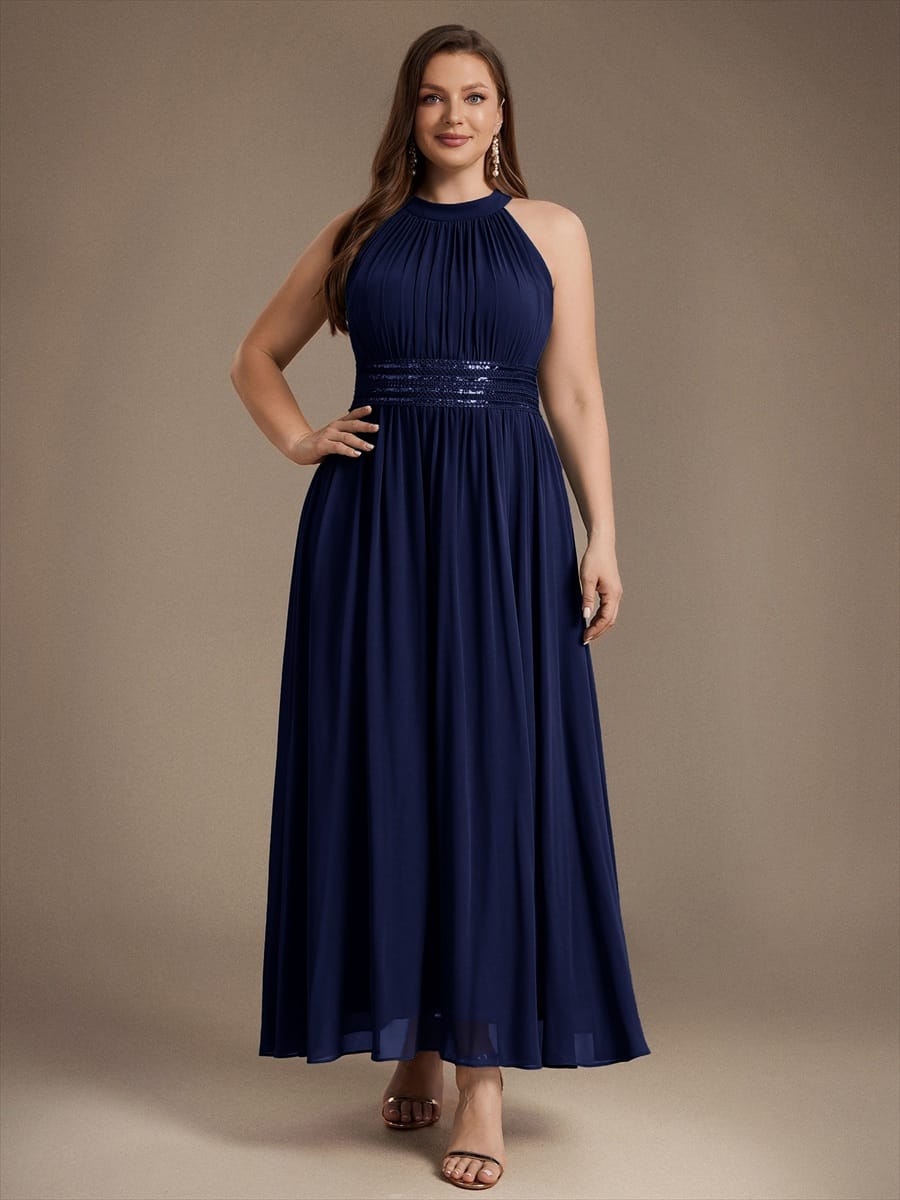 Chiffon Sleeveless A-line Dress #color_Navy Blue